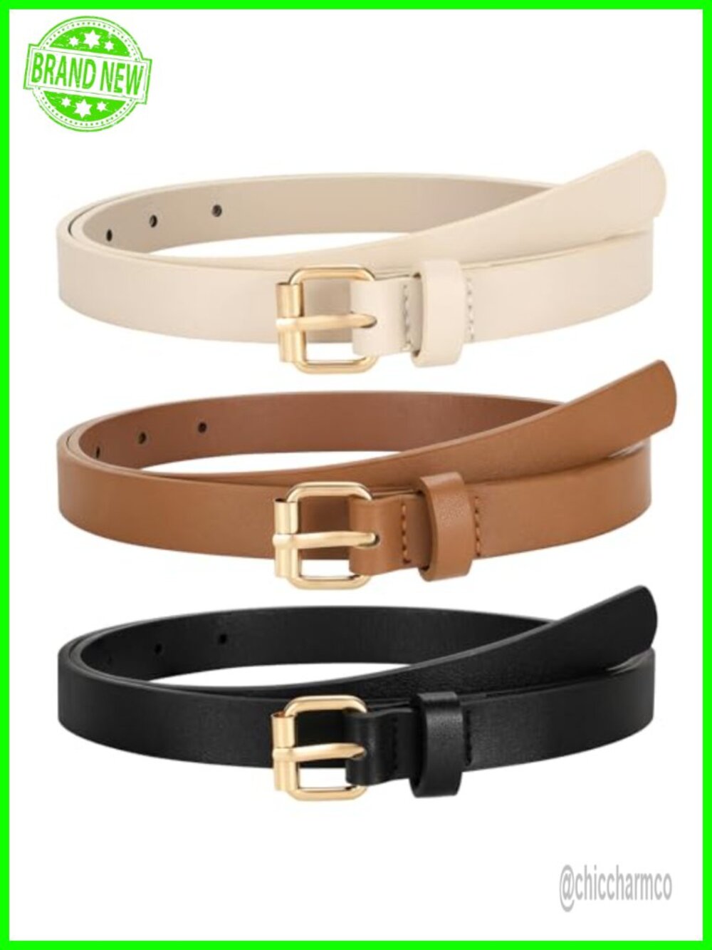3 Pack Women Skinny PU Leather Belt with Gold Buckle